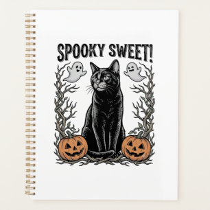 Gruseliges schwarzes Katze Vintage-Halloween-Gravu Planer