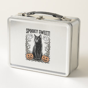 Gruseliges schwarzes Katze Vintage-Halloween-Stick Metall Brotdose