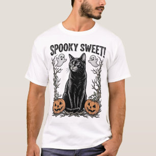 Gruseliges schwarzes Katze Vintage-Halloween-Stick T-Shirt