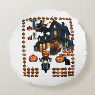 Gruseliges Spukhaus Halloween   Kürbiskopf Biker  Rundes Kissen