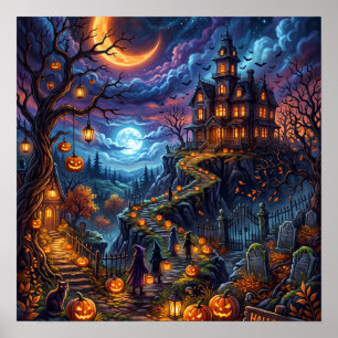 Gruseliges Spukhaus Halloween Nacht Kürbispfad Poster
