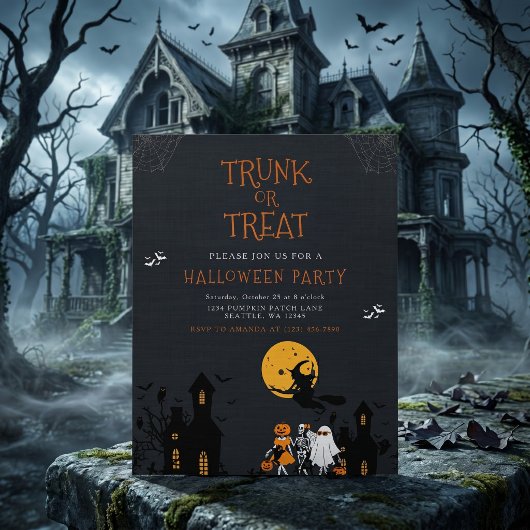 Gruseliges Spukhaus Koffer oder Behandle Halloween Einladung
