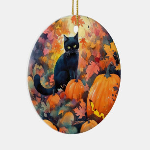 Gruselkatze Halloween mit Kürbissen Keramik Ornament
