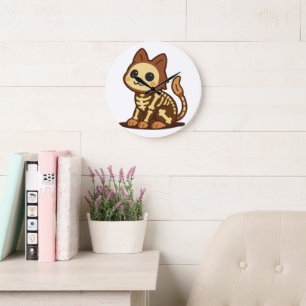 Gruselkatze mit Skelett  Große Wanduhr