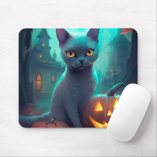 Gruselkatze Russische Blaue Katze mit Kürbissen Ha Mousepad
