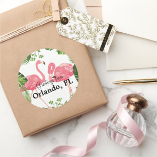 Gruß aus Orlando, FL—rosa Flamingos Runder Aufkleber
