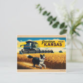 Gruß von Kansas Wheat Combine Border Collie Postkarte (Stehend Vorderseite)