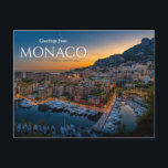 Gruß von Monaco Postcard Postkarte<br><div class="desc">Senden Sie Grüße aus dem schönen und historischen Monaco mit diesem landschaftlichen Küstenstadtbild.</div>