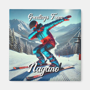 Gruß von Nagano Japan Dabbing Skier Postcard Magnet