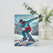 Gruß von Nagano Japan Dabbing Skier Postcard Postkarte (Stehend Vorderseite)