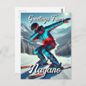 Gruß von Nagano Japan Dabbing Skier Postcard Postkarte (Vorne/Hinten)