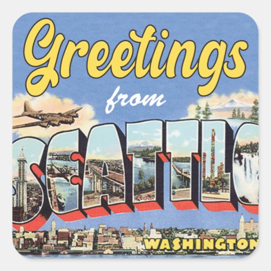Gruß von Seattle Vintage Travel Quadratischer Aufkleber (Vorderseite)