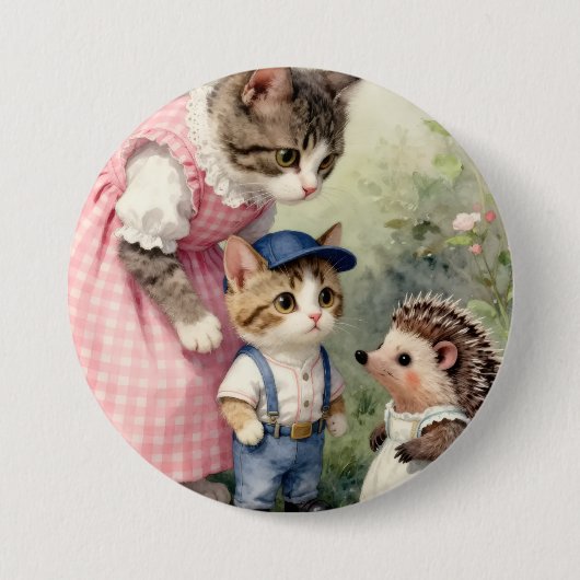 Gruß zum ersten Tag – Kätzchen & Igel Button (Vorderseite)