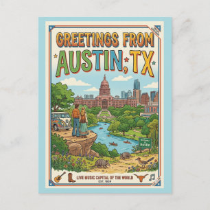 Grüße aus Austin TX Retro Farbige Postkarte