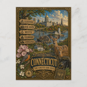 Grüße aus Connecticut   Vintage Retro Kunst Postkarte