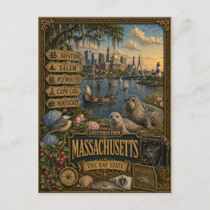Grüße aus Massachusetts   Vintage Retro Kunst Postkarte