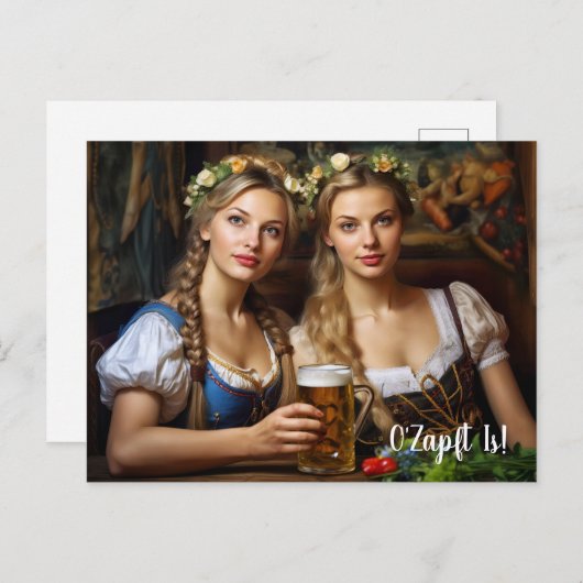 Grüße aus München! Bierzeltstimmung. Dirndl Postkarte (Vorne/Hinten)
