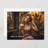 Grüße aus München! Bierzeltstimmung. Dirndl Postkarte (Vorne/Hinten)