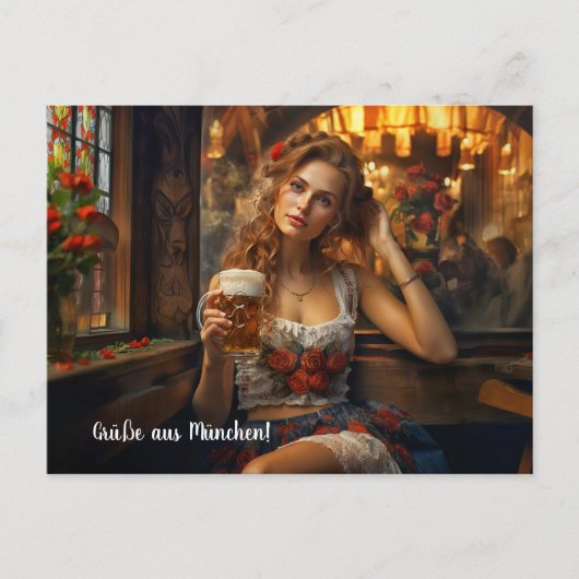 Grüße aus München! Bierzeltstimmung. Dirndl Postkarte (Vorderseite)