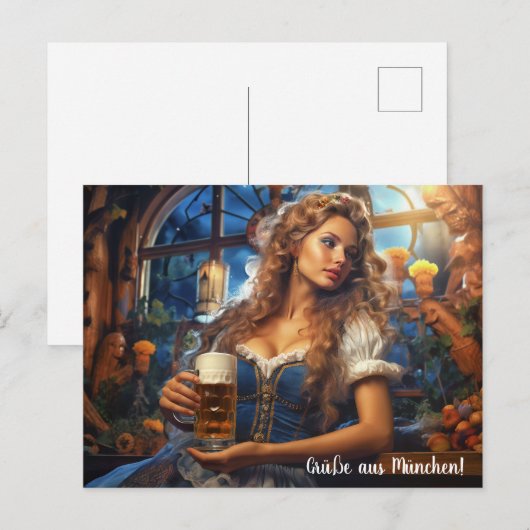 Grüße aus München! Frau im Dirnd mit Bier Postkarte (Vorne/Hinten)