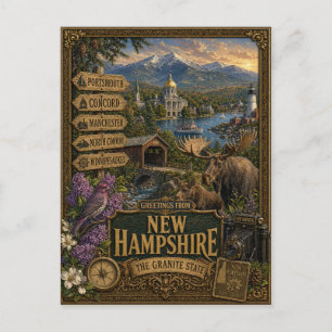 Grüße aus New Hampshire   Vintage Retro Kunst Postkarte