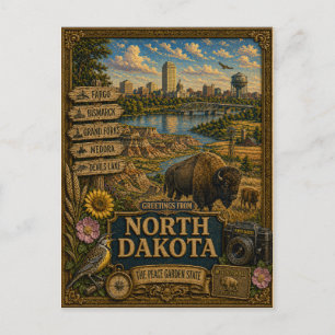 Grüße aus North Dakota   Vintage Retro Kunst Postkarte