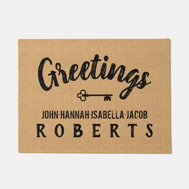 Grüße Burlap Farmhouse Feedsack Personalisiert Fußmatte (Vorderseite)