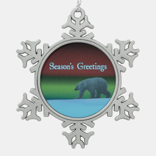 Grüße der Saison - Polarlichter Polarbär Schneeflocken Zinn-Ornament (Vorderseite)