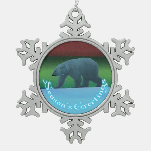 Grüße der Saison - Polarlichter Polarbär Schneeflocken Zinn-Ornament (Vorderseite)