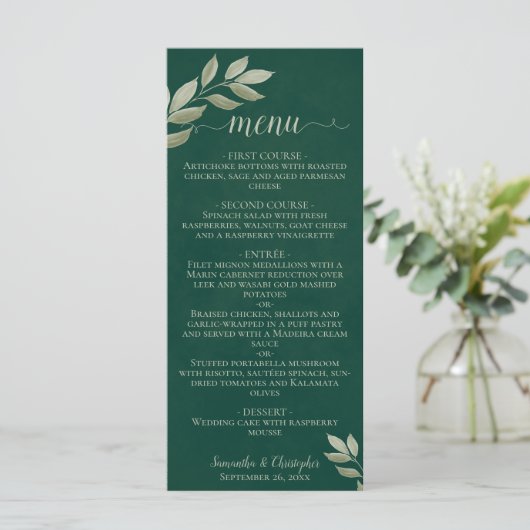 Grüße Hochzeit der Blätter Emerald & Sage Green Menükarte (Stehend Vorderseite)