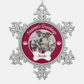 Grüße Niedliche Hunde Foto Name Paw Prints der Sai Schneeflocken Zinn-Ornament (Vorderseite)