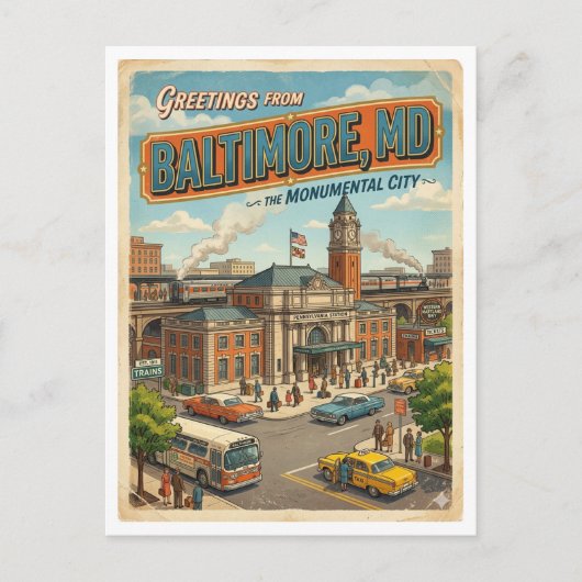 Grüße vom Bahnhof Baltimore MD Retro Postkarte (Vorderseite)