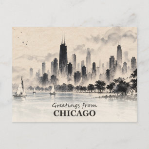 Grüße von Chicago Skyline Tuschmalerei Postkarte