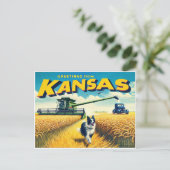 Grüße von Kansas Wheat Combine Border Collie Postkarte (Stehend Vorderseite)