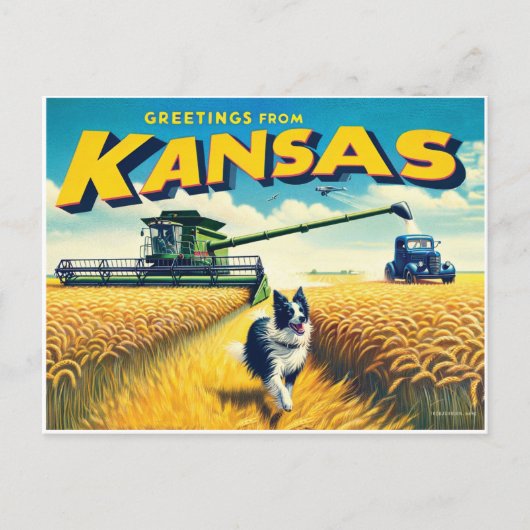 Grüße von Kansas Wheat Combine Border Collie Postkarte (Vorderseite)