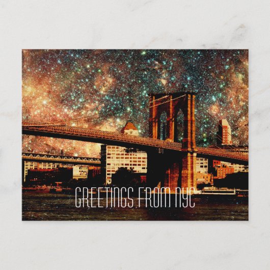 Grüße von NYC Starry Night Brooklyn Bridge Postkarte (Vorderseite)