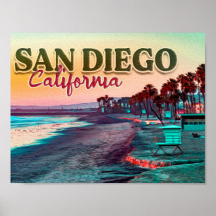 Grüße von San Diego Ca Watercolor Sunset 60er Poster