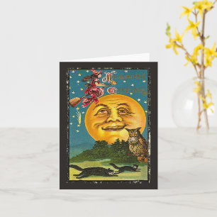 Grüße zum Halloween-Vollmond-Eule-Hexe Vintage Karte
