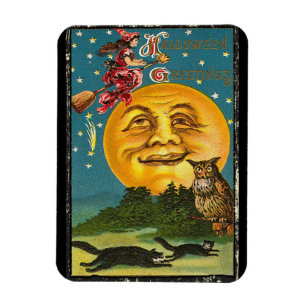 Grüße zum Vintage-Halloween mit einer Hexe auf ein Magnet