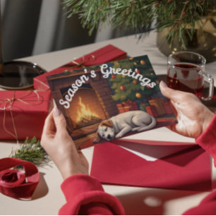 Grüße zur Jahreszeit Schlafender Hund am Kamin Feiertagspostkarte