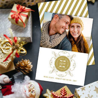 Grußfreudige Neujahrs-Gold-Siegel-Foto der Saison Feiertagskarte