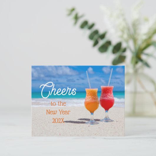 Grußgetränke am Strand zum neuen Jahr Postkarte (Stehend Vorderseite)