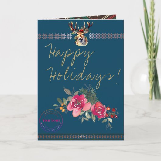 Grußkarte für das Happy Holidays Boho Business-Log Karte (Vorderseite)