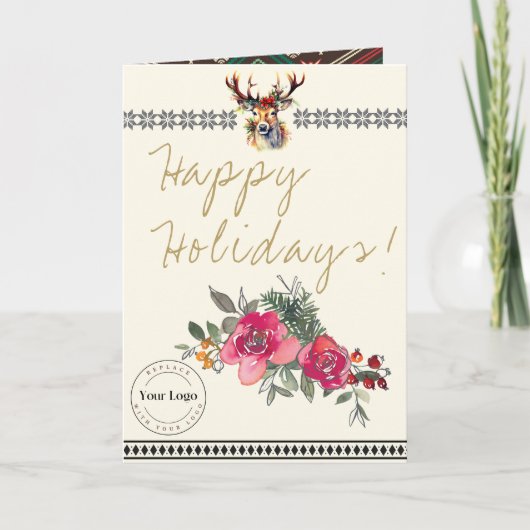 Grußkarte für das Happy Holidays Boho Business-Log Karte (Vorderseite)