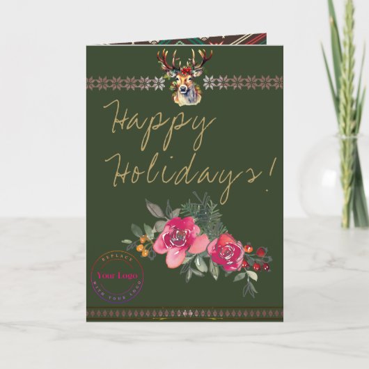 Grußkarte für das Happy Holidays Boho Business-Log Karte (Vorderseite)
