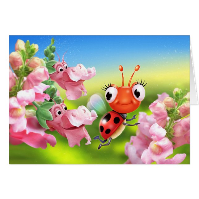 Grußkarte Ladybug & freundliche Blume (Vorderseite (Horizontal))