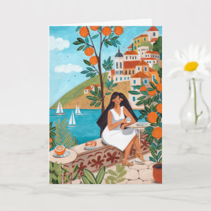 Grußkarte mit Illustration einer Frau im Strandcaf Karte