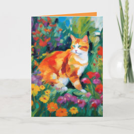 Grußkarte mit Katze zwischen Blumen Karte