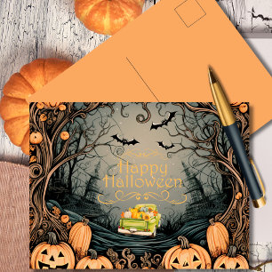 Grußkarte mit Vintage-Halloween-Kürbislasterwagen Feiertagspostkarte