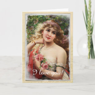 Grußkarte viktorianische Frau mit rosa Rosen Karte